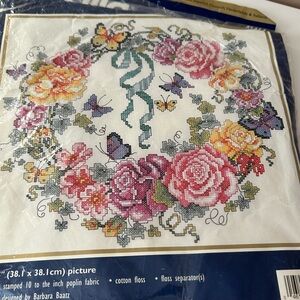 4/$100 Bucilla Floral Wreath Cross Stitch Kit with Pink and Yellow Roses